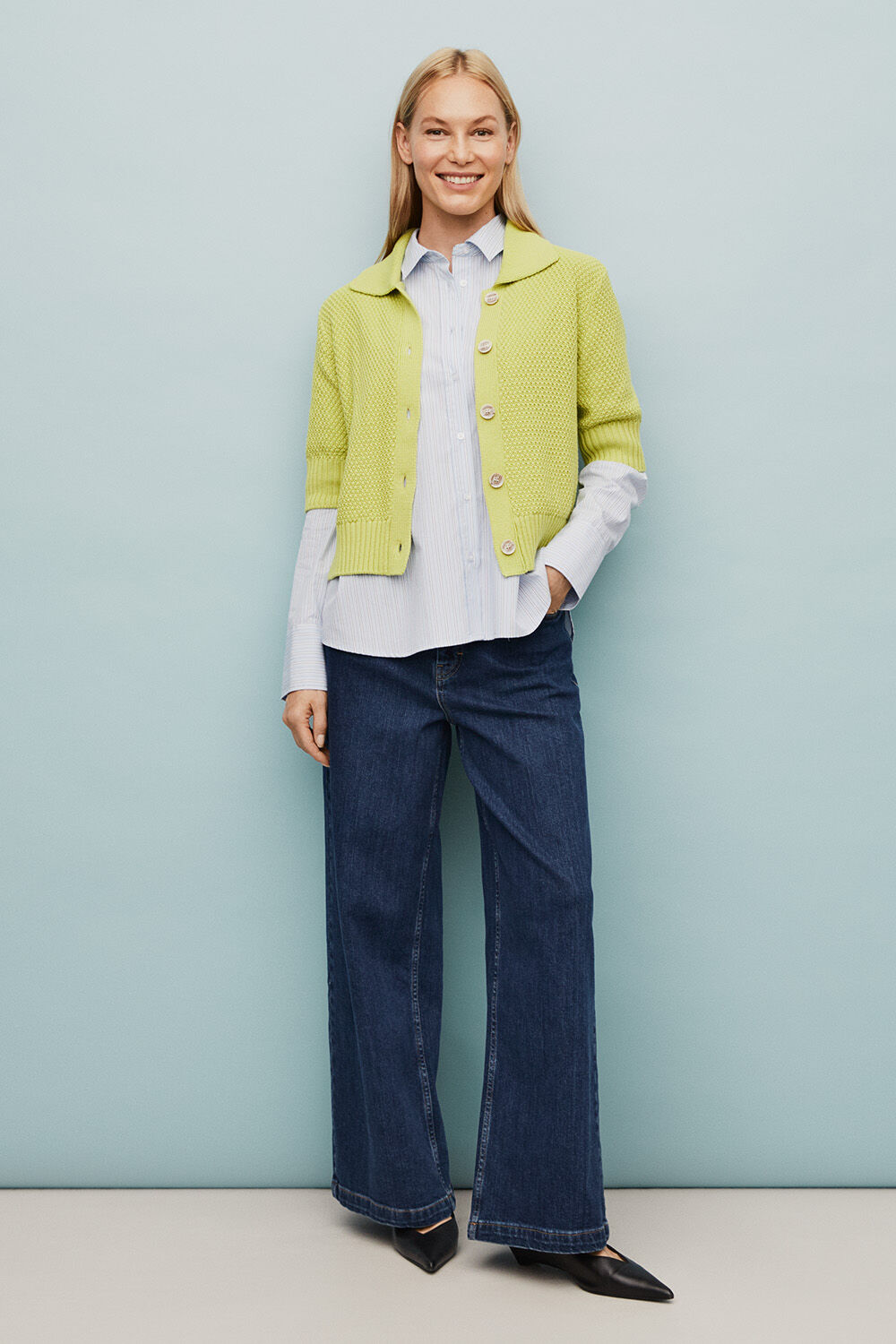 Liva Cardigan - B Chartreuse, Inverisa Skjorte - Placid Blue, Passang Bukser - Blue Denim